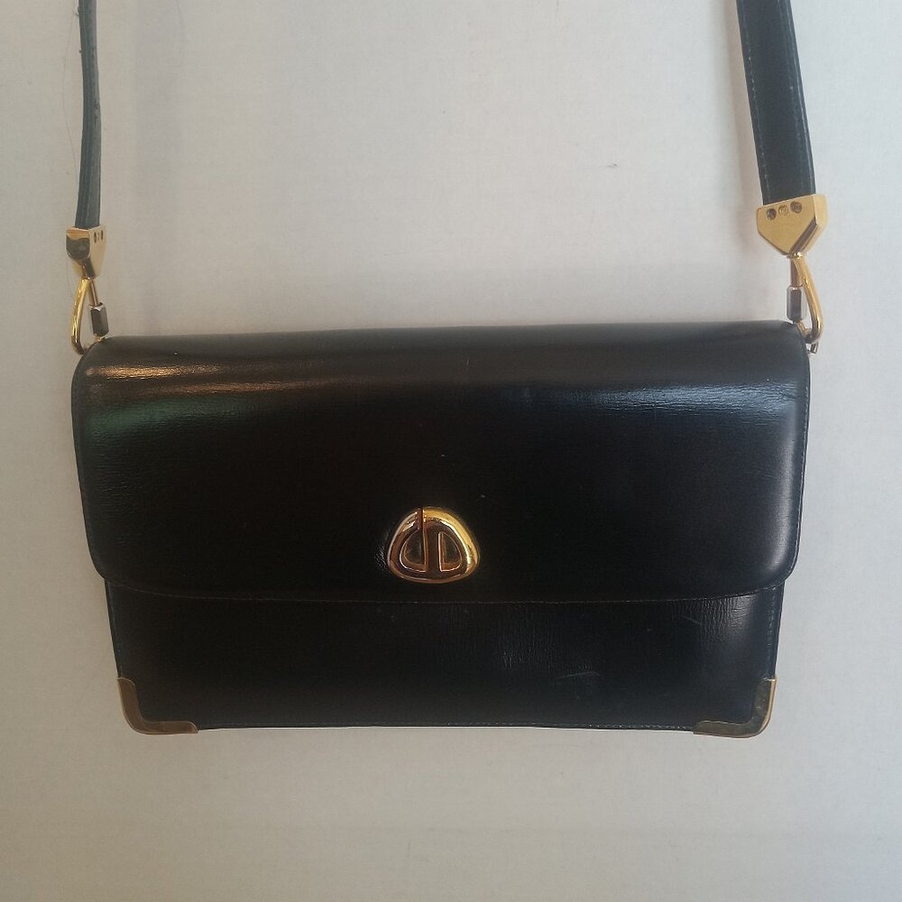 Vintage Christian Dior Black Leather Flap Shoulder Bag with Detachable Strap